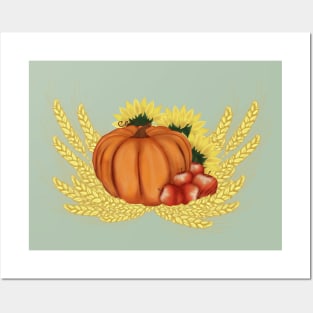 Harvest. Autumn. Pumpkin, apples, sunflowers and wheat Posters and Art